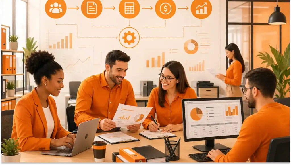 Equipe de profissionais de marketing em reunião de planejamento de gestão comportamental na empresa, analisando gráficos e relatórios de desempenho.