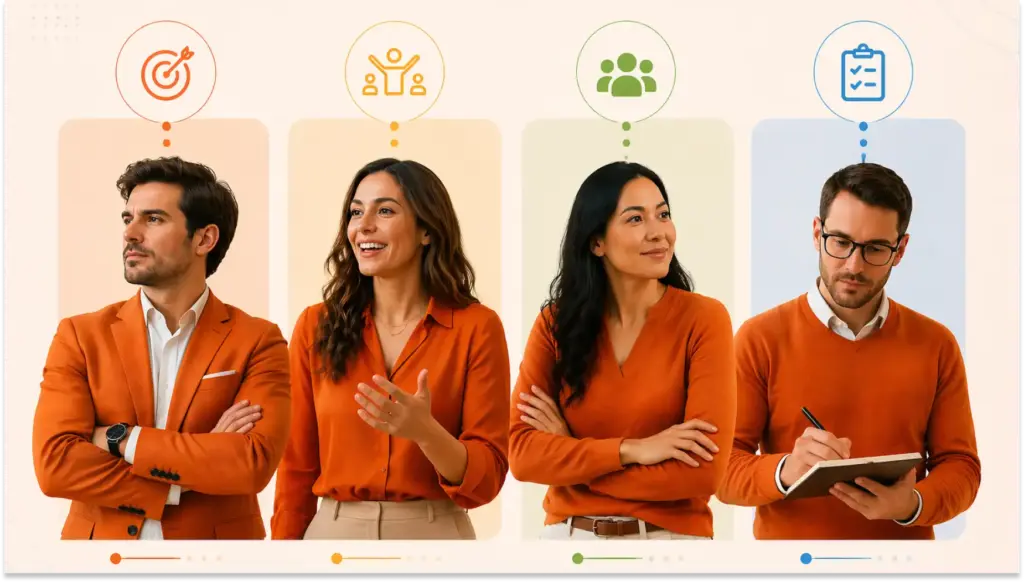 Imagem ilustrativa de uma equipe de quatro profissionais discutindo estratégias de gestão comportamental na empresa, destacando tópicos como metas, liderança, trabalho em equipe e planejamento.