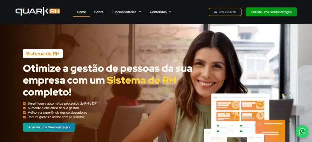 Imagem de uma mulher sorridente em ambiente de escritório, promovendo a otimização de gestão de pessoas com sistema de RH completo