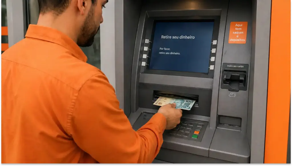 Homem retirando dinheiro de caixa eletrônico, relacionado ao impacto do reajuste do salário mínimo 2026 na margem para CLT.