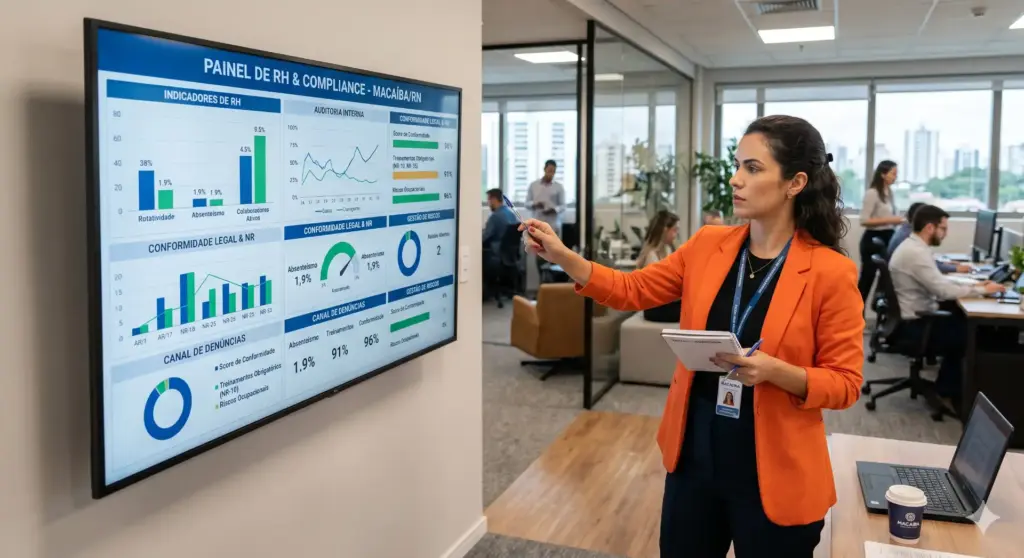 Profissional apresentando indicadores de compliance e RH em uma tela digital em um escritório empresarial moderno.