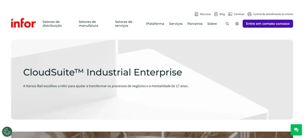 Imagem do site da Infor apresentando a solução Cloudsuite Industrial Enterprise para transformação digital de negócios com foco em processos de manufatura e distribuição.