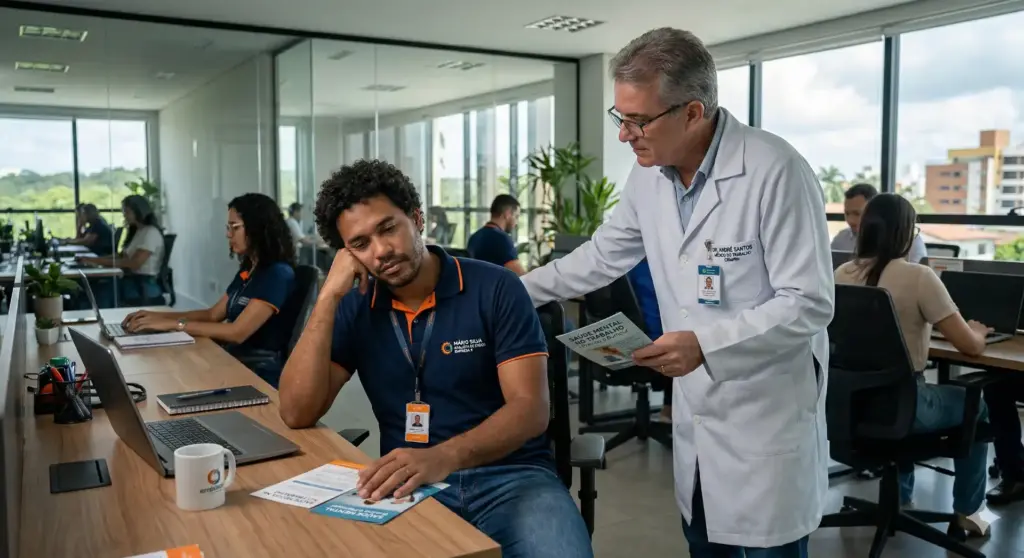 Médico do trabalho orientando funcionário durante consulta no escritório, explicando sobre afastamento e legislações relacionadas ao trabalho.