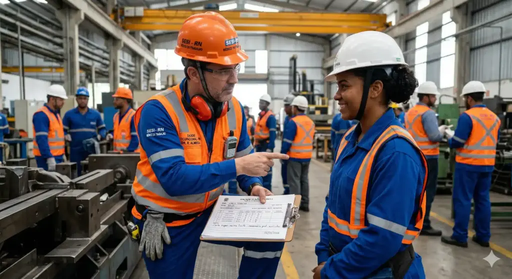 Médico do trabalho realizando avaliação em empregada em ambiente industrial, destacando papel na saúde laboral, funções, afastamentos e legislação.
