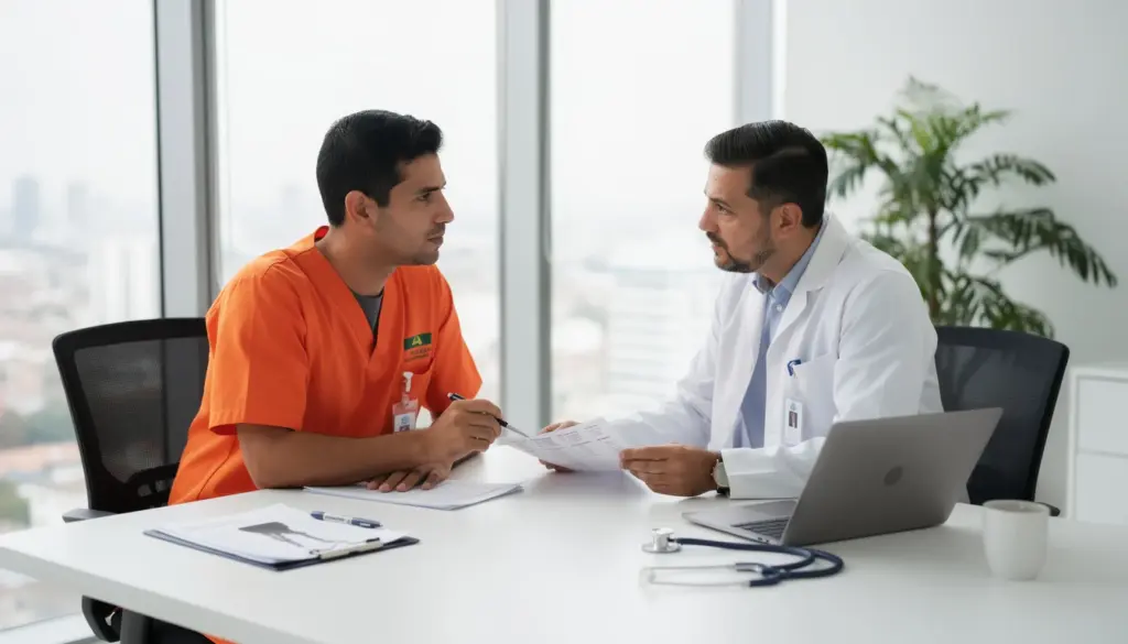 Médico do trabalho conversando com paciente em consulta médica, explicando direitos e obrigações segundo a lei. Conheça o que faz, quando afasta e o que diz a legislação.