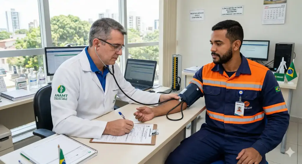 Médico do trabalho realizando avaliação de saúde em um funcionário de uniforme, em consultório com equipamento e vista para praças na cidade, destacando o papel do médico na saúde ocupacional, quando afasta e o que diz a lei.
