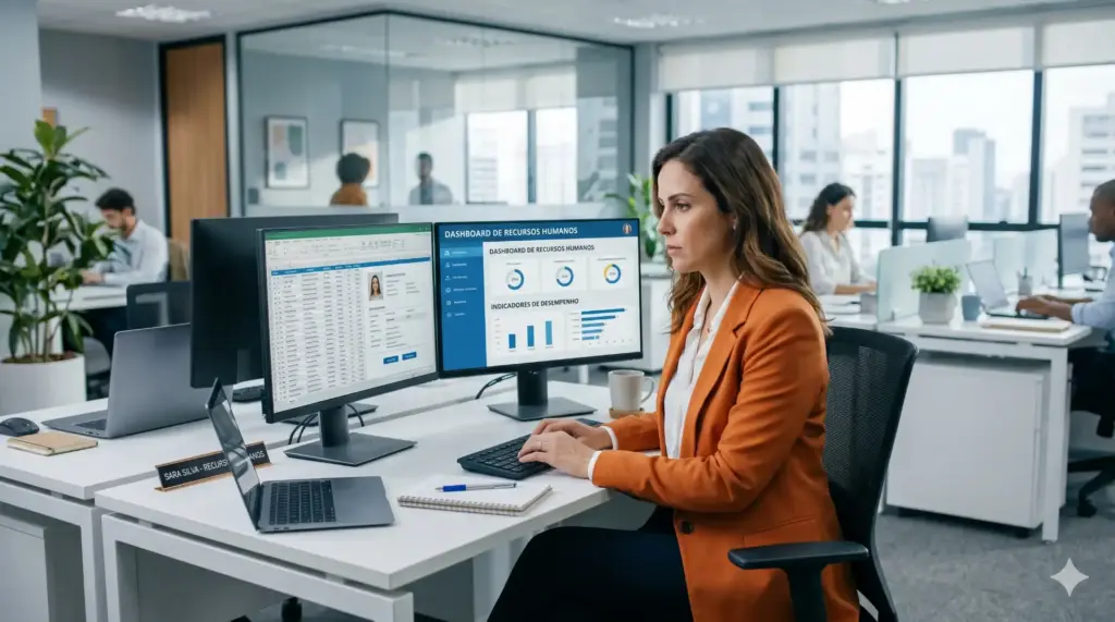 Profissional de RH trabalhando em melhorias de março no escritório com múltiplos monitores exibindo dados de automação e controle para RH e DP.