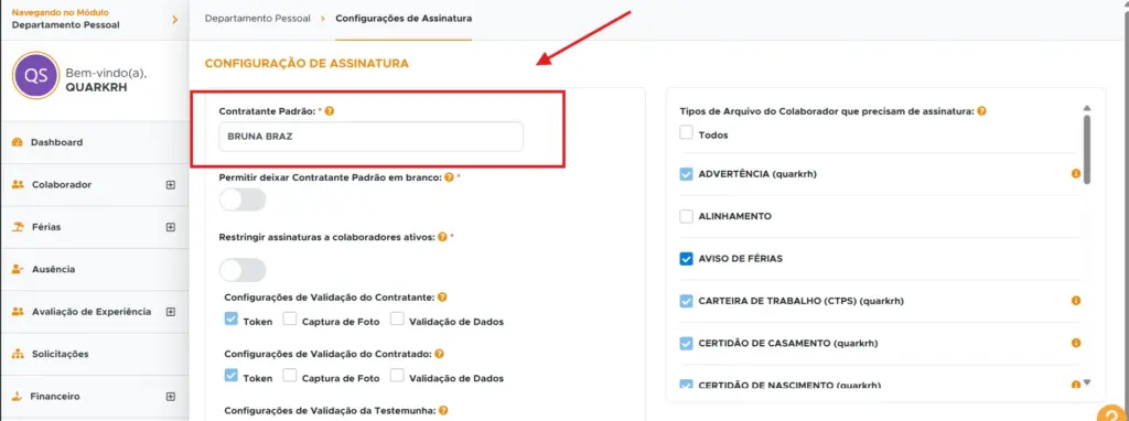 Imagem de sistema de gerenciamento de RH e DP mostrando configurações de assinatura, controle de assinaturas e automação, otimizado para melhorias de março.
