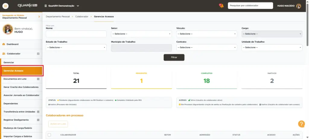 Captura de tela do sistema Quark RH mostrando melhorias de março na gestão de RH e DP, com controle, automação e eficiência aprimorados.