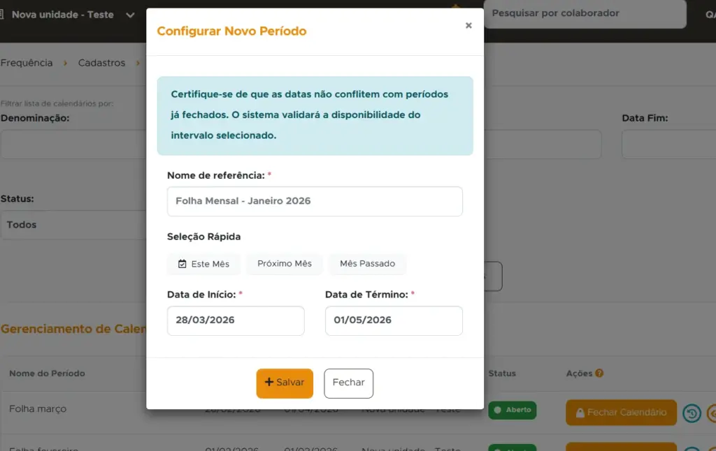 Interface de sistema apresentando melhorias de março para controle, automação e eficiência em RH e DP, com opções de agendamento e gerenciamento de períodos.