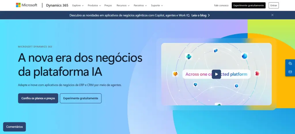 Página inicial do site da Microsoft Dynamics 365 promovendo a nova era dos negócios na plataforma de inteligência artificial com gráfico e opções de contato e teste grátis.