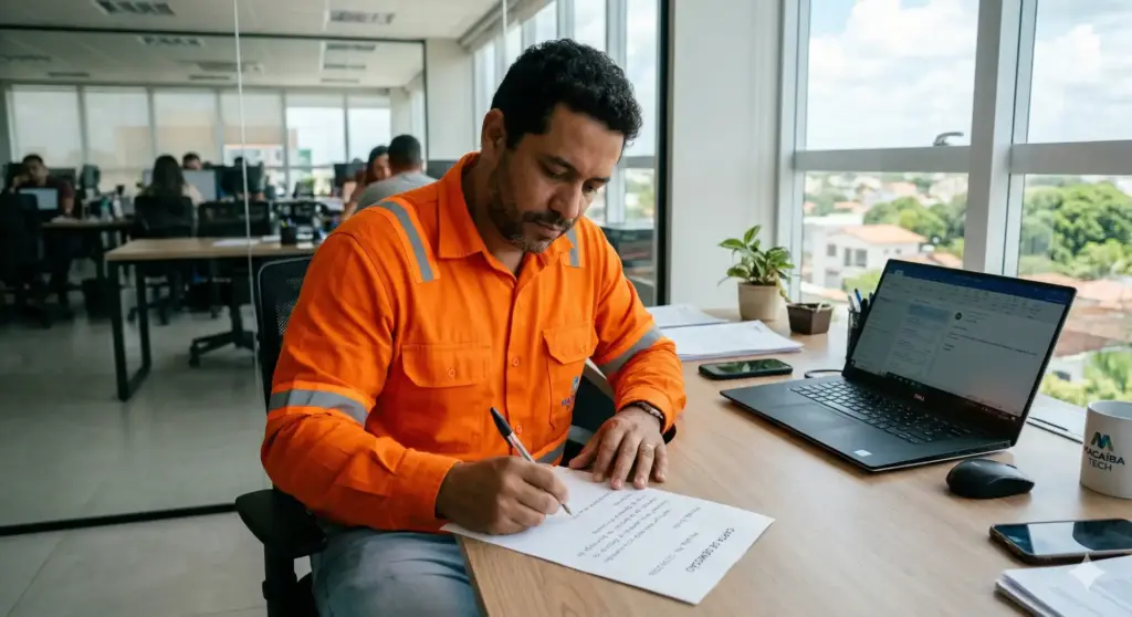 Homem assinando uma carta de demissão em ambiente de escritório com laptop e plantas ao fundo, ideal para quem busca modelos de carta de demissão.
