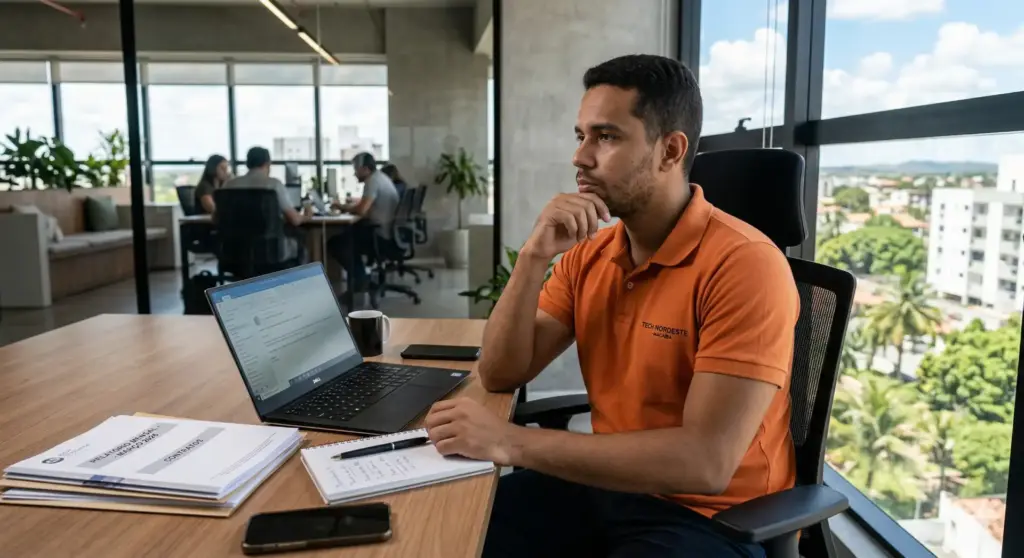 Homem pensativo trabalhando em escritório moderno com laptop, documentos e uma vista para a cidade, ideal para modelos de carta de demissão.