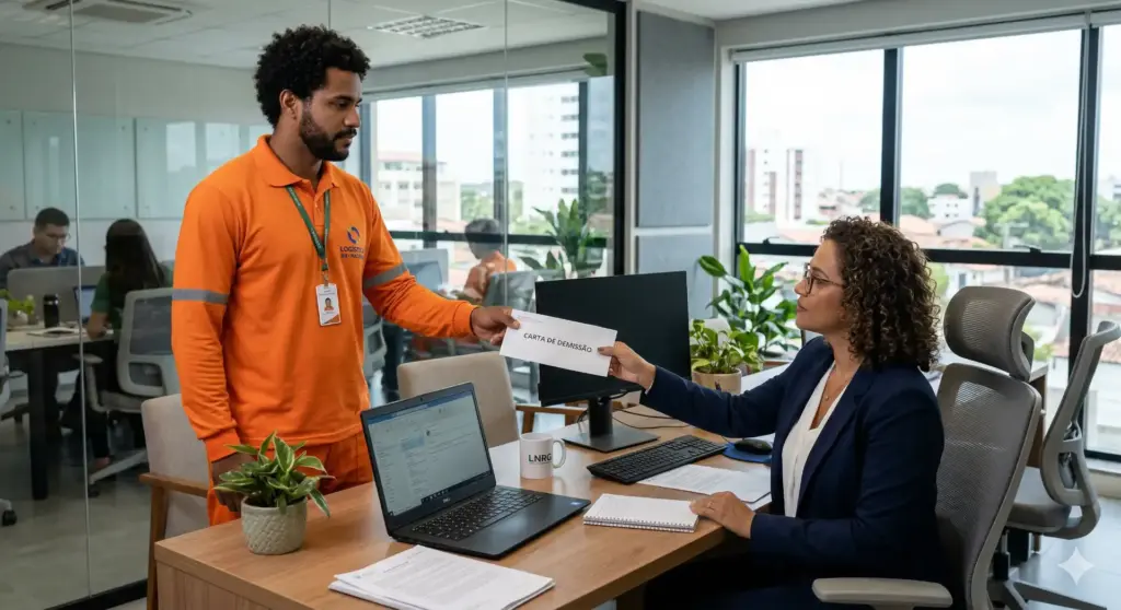 Pessoa entregando uma carta de demissão a uma profissional no escritório, promovendo modelos de cartas de demissão com três opções prontas e otimizadas para SEO.