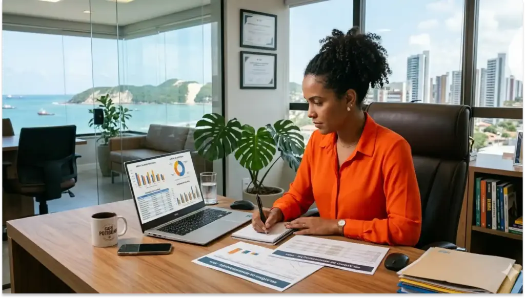 Mulher de negócios analisa gráficos e dados financeiros em seu escritório moderno com vista para a cidade e o mar, promovendo produtividade e negócios bem-sucedidos.