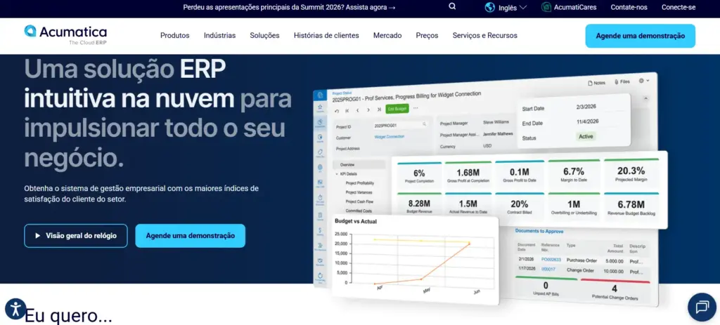 Imagem de uma plataforma ERP em nuvem da Acumatica, com gráficos e dados financeiros, destacando a gestão empresarial eficiente e integrada.