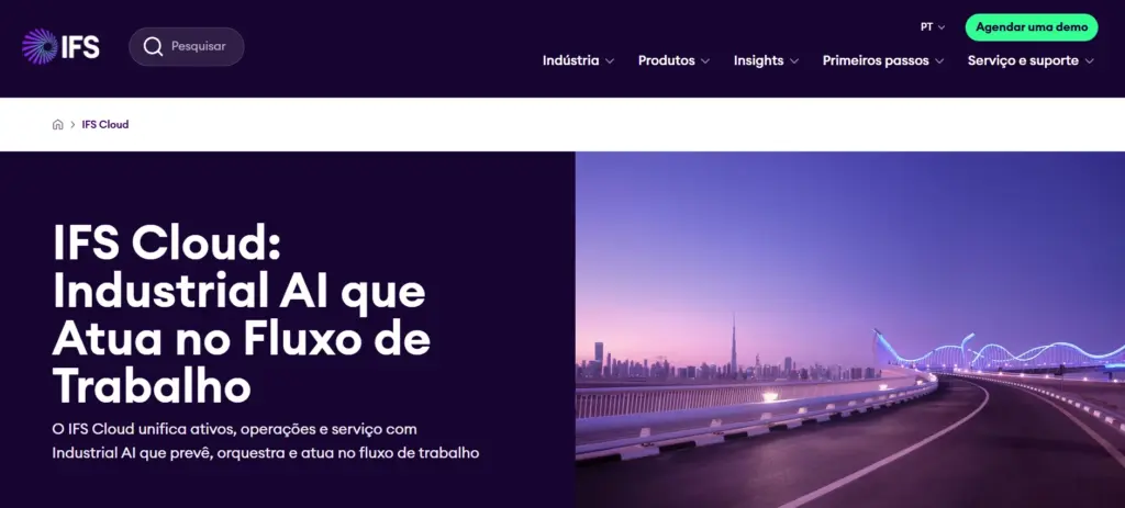 Imagem de uma ponte moderna na cidade de Dubai ao entardecer, com o horizonte ao fundo, representando tecnologia e inovação em ambiente urbano.