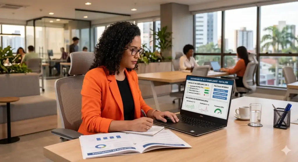 Profissional analisando informações de compliance e aplicando os conceitos na sua rotina de trabalho em um escritório moderno.