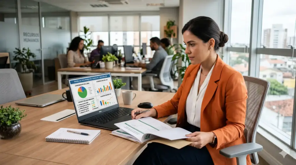 Profissional de Recursos Humanos analisando dados e planilhas sobre as mudanças na NR-1 em 2026, preparando estratégias para a equipe de RH.