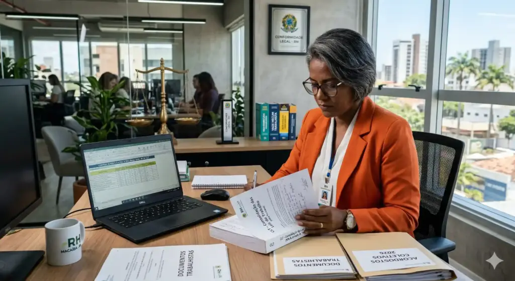 Profissional analisando documentação e leis atuais sobre escala 6x1 em ambiente de escritório.