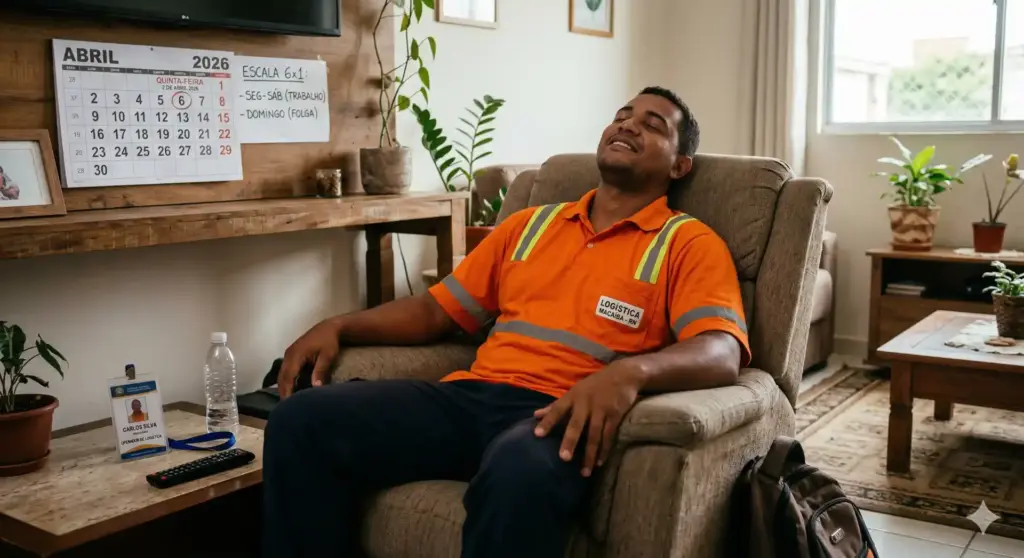 Profissional de logística descansando em ambiente de escritório, ilustrando uma rotina de trabalho com foco na escala 6x1 e legislação atual.