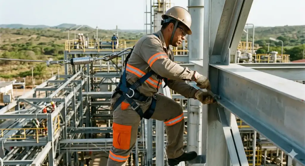 Profissional de segurança do trabalho usando EPIs na construção civil, verificando estrutura metálica no ambiente industrial, promovendo a conformidade com as regras da NR 35.