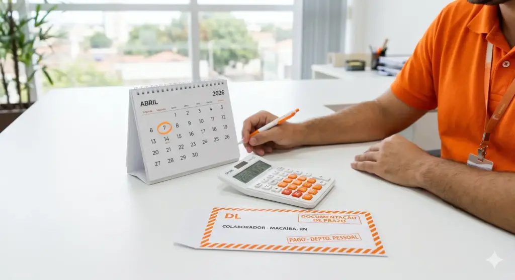 Imagem do calendário de abril de 2026 marcando o quinto dia útil, com uma pessoa anotando em uma agenda ao lado de uma calculadora e documento de pagamento.