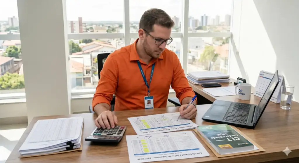 Homem analisando documentos e calendário do quinto dia útil de 2026 em escritório moderno com vista para a cidade.