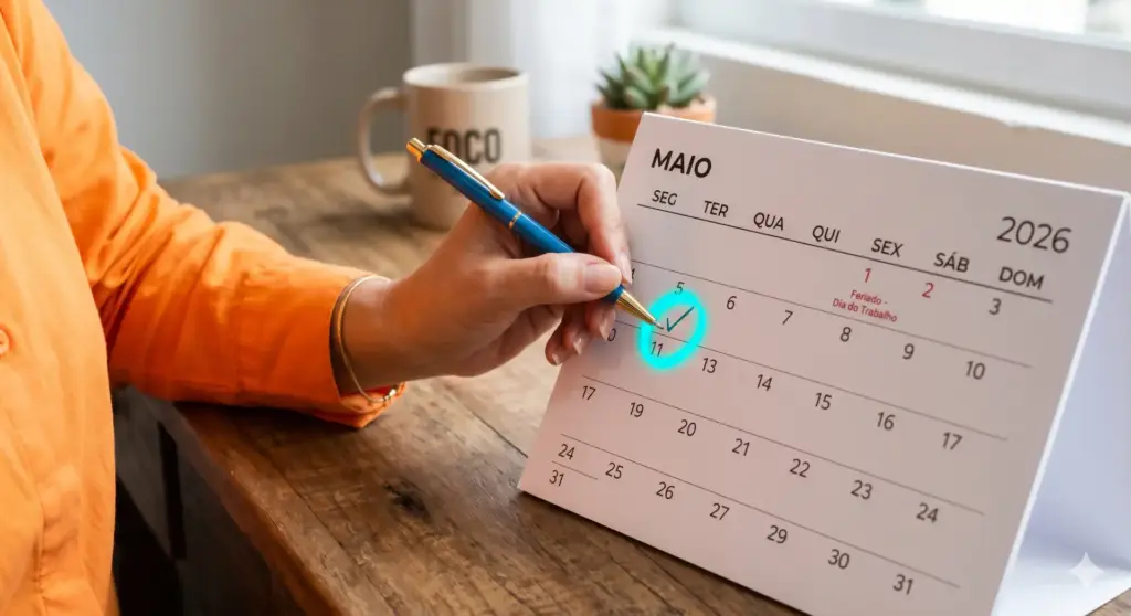 Imagem de uma pessoa marcando o quinto dia útil no calendário de 2026, que destaca o mês de maio, com foco no conceito de quinto dia útil e sua contagem.