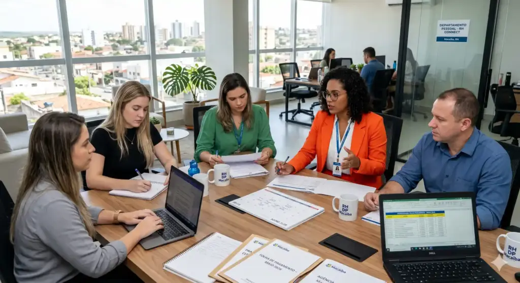 Imagem de uma reunião de equipe empresarial discutindo o Quinto Dia Útil, importante para planejamento e gestão de projetos em 2026.