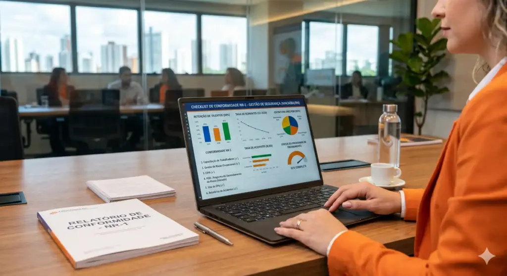 Profissional analisando relatório sobre a NR-1, mudanças em 2026, e impacto no RH, em ambiente de escritório com pessoas ao fundo.