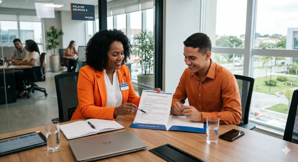 Reunião para assinatura de contrato de trabalho, com profissionais discutindo tipos de contratos, como funciona e o que não pode faltar de forma clara.