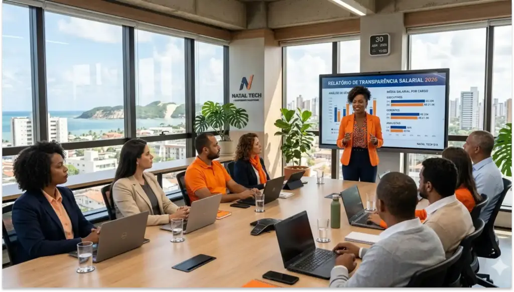 Reunião corporativa em escritório moderno com apresentação de relatório de transparência salarial em tela grande, envolvendo profissionais diversos.