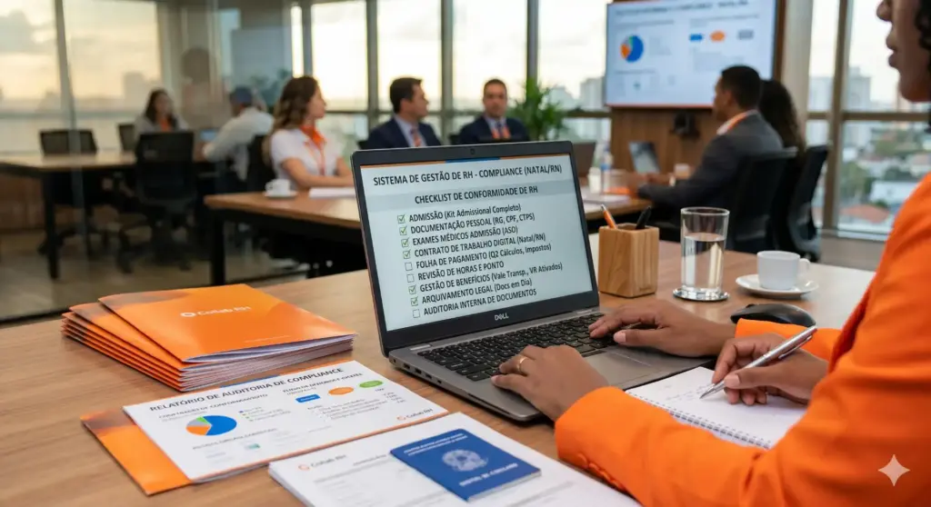 Reunião corporativa sobre compliance, com colaboradores analisando documentos e usando computador com checklist de conformidade.