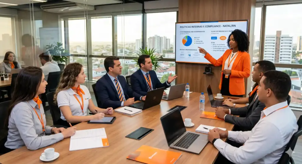 Reunião de equipe realizando apresentação sobre compliance na empresa, com slides explicativos sobre tipos, pilares e aplicação do compliance.