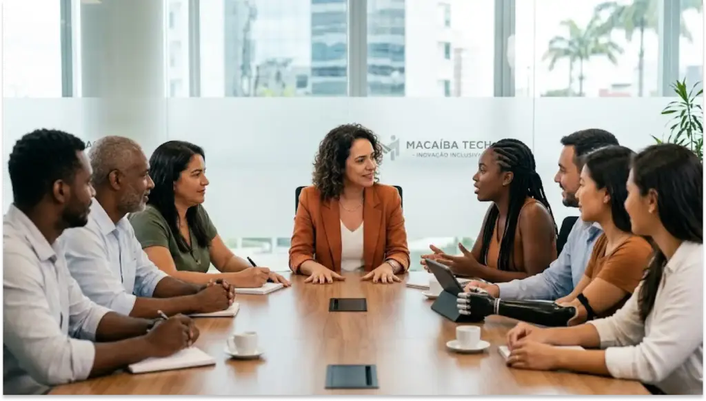 Reunião de equipe diversificada discutindo estratégias de DEI - diversidade, equidade e inclusão na empresa, promovendo ambiente de trabalho inclusivo e diverso.