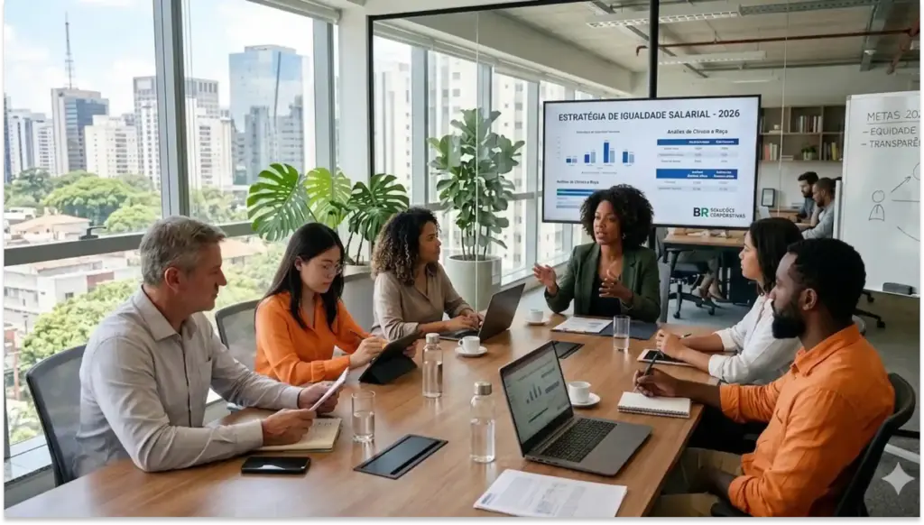 Reunião de equipe discutindo estratégia de igualdade salarial em sala de reunião moderna com painel de apresentação e vista cidade ao fundo.
