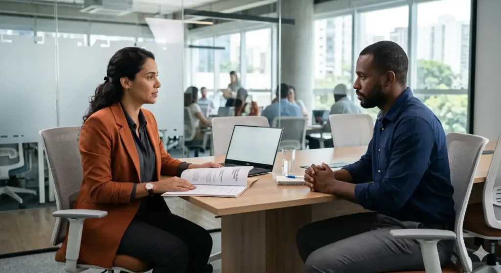 Reunião entre empregador e empregado discutindo direitos trabalhistas em caso de demissão sem justa causa em ambiente de escritório moderno.