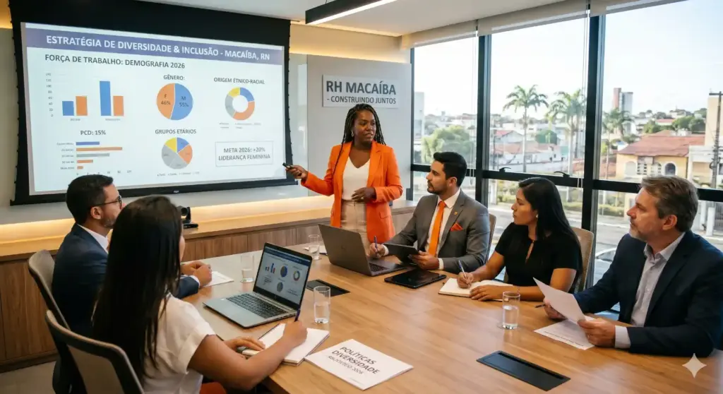 Reunião empresarial sobre DEI: diversidade, equidade e inclusão na empresa, com apresentação de dados e estratégias para promover um ambiente mais inclusivo.