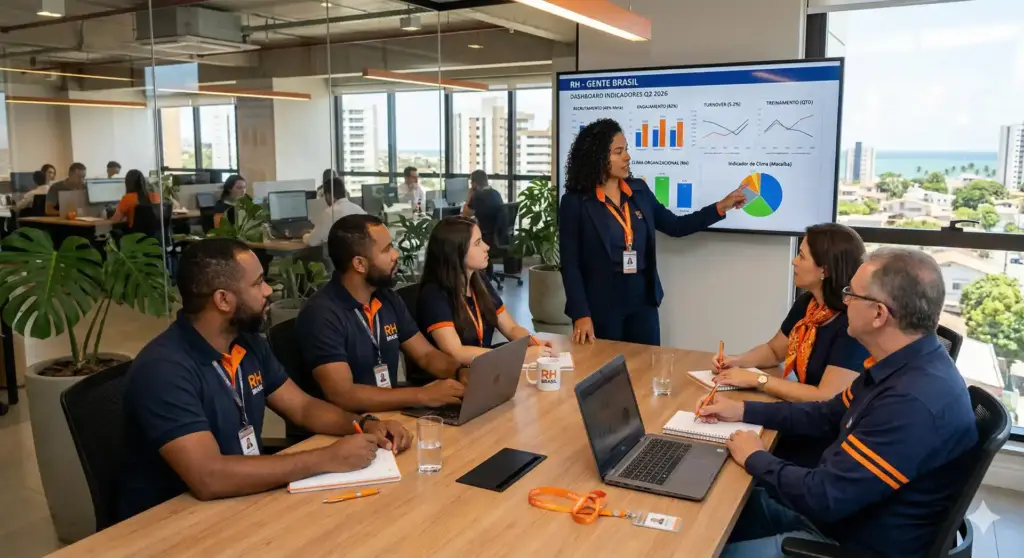 Reunião de equipe da empresa com apresentação de dados sobre auditoria fiscal do trabalho, preparando a equipe para inspeções e conformidade.
