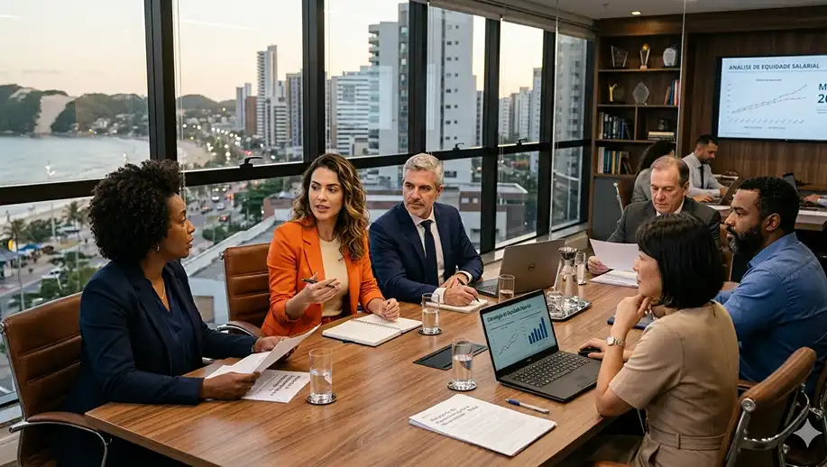 Reunião de negócios com profissionais discutindo estratégias empresariais em uma sala moderna com vista para a cidade e uso de laptops e documentos.