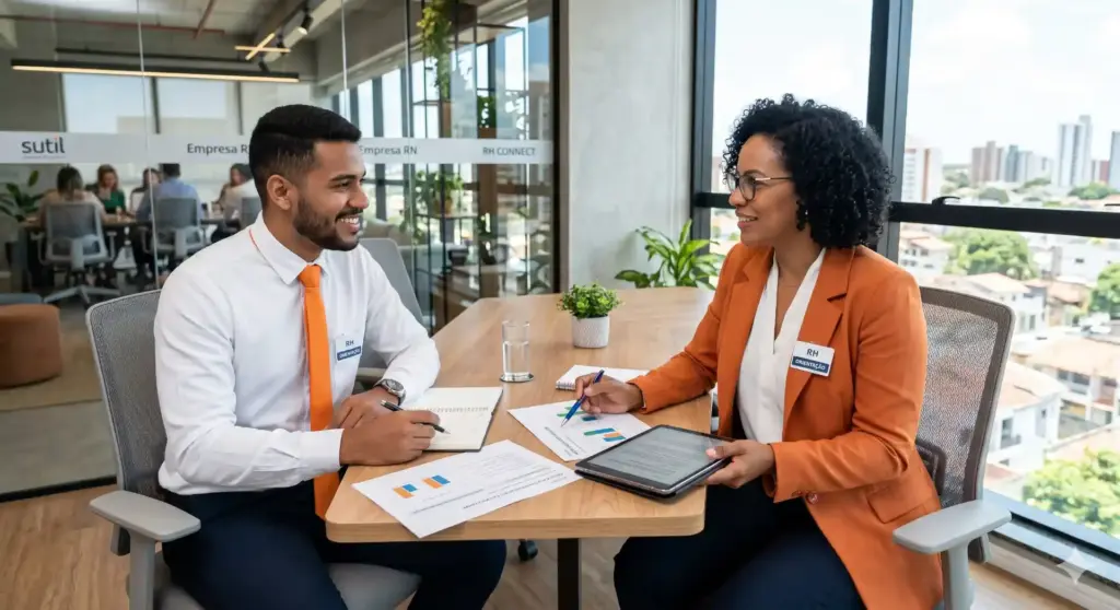 Reunião de RH discutindo regras, cálculo e pagamento de férias pela CLT em 2026, com trabalhadores e empregadores em ambiente corporativo.