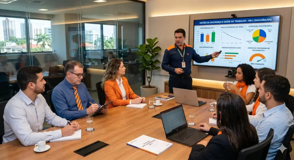 Reunião de equipe de RH discutindo mudanças na NR-1 em 2026 e ações necessárias para conformidade na gestão de segurança e saúde no trabalho.