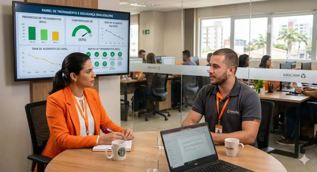 Profissional de RH e colaboradora em reunião na empresa Macaira, discutindo sobre a NR-1 e suas mudanças em 2026, essenciais para o RH se preparar.