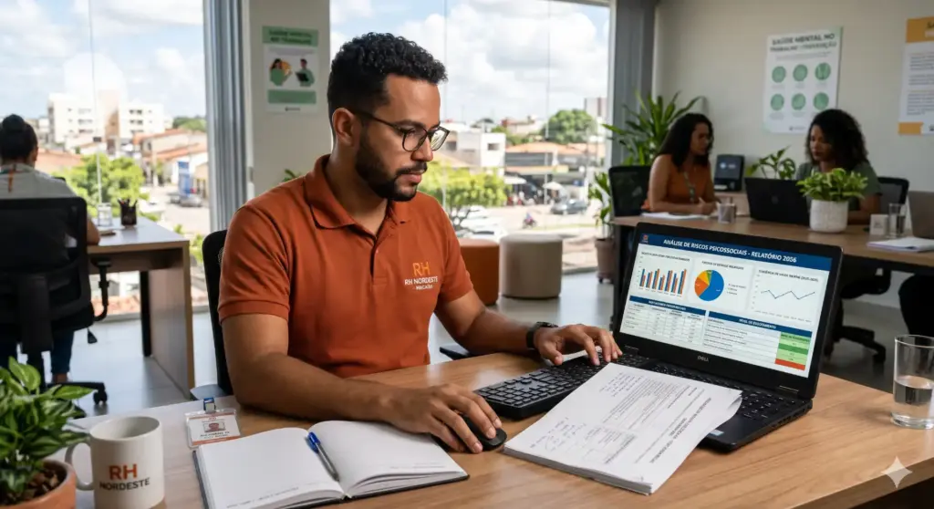 Homem trabalhando em um escritório analisando dados e gráficos relacionados a riscos psicossociais no trabalho, em ambiente de escritório com vista para a cidade.