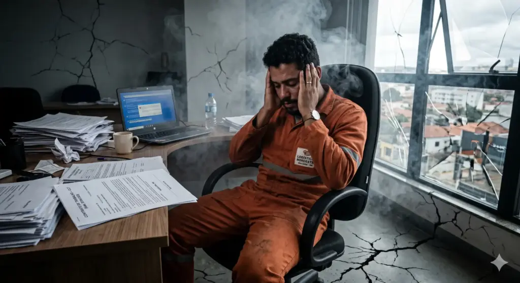 Homem com expressão de estresse no trabalho, cercado por papéis e com um ambiente desgastado, ilustrando os riscos psicossociais no emprego e as mudanças com a NR-1.