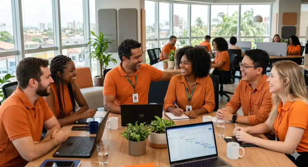 Equipe de trabalho discutindo riscos psicossociais no ambiente corporativo, destacando exemplos e mudanças com a nova NR-1.