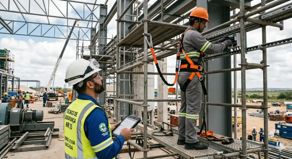 Trabalhadores da construção civil utilizando EPIs e verificando conformidade com a NR 35 em obra de altura com estrutura metálica