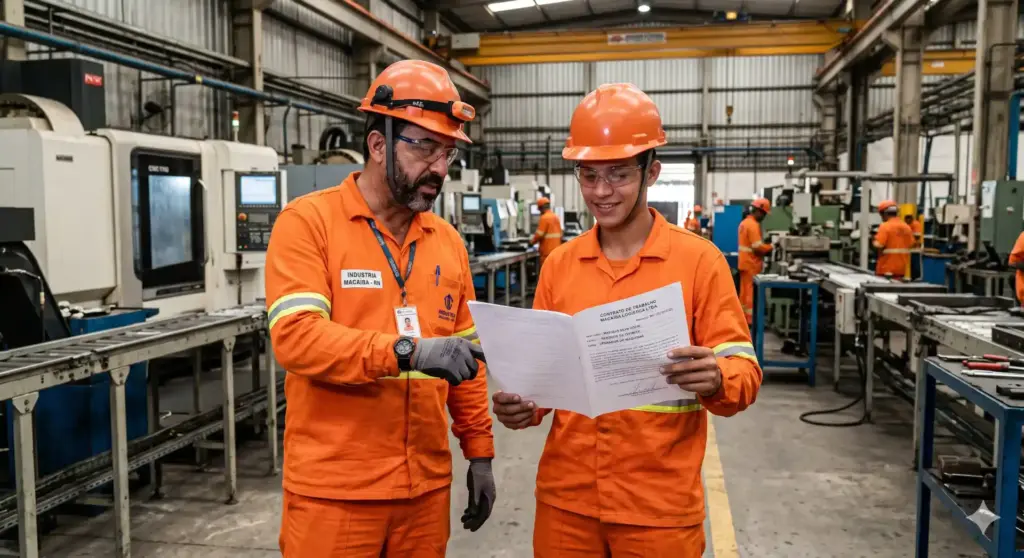 Dois trabalhadores industriais analisando um contrato de trabalho em uma fábrica, destacando a importância de entender os tipos, funcionamento e o que não pode faltar no documento.