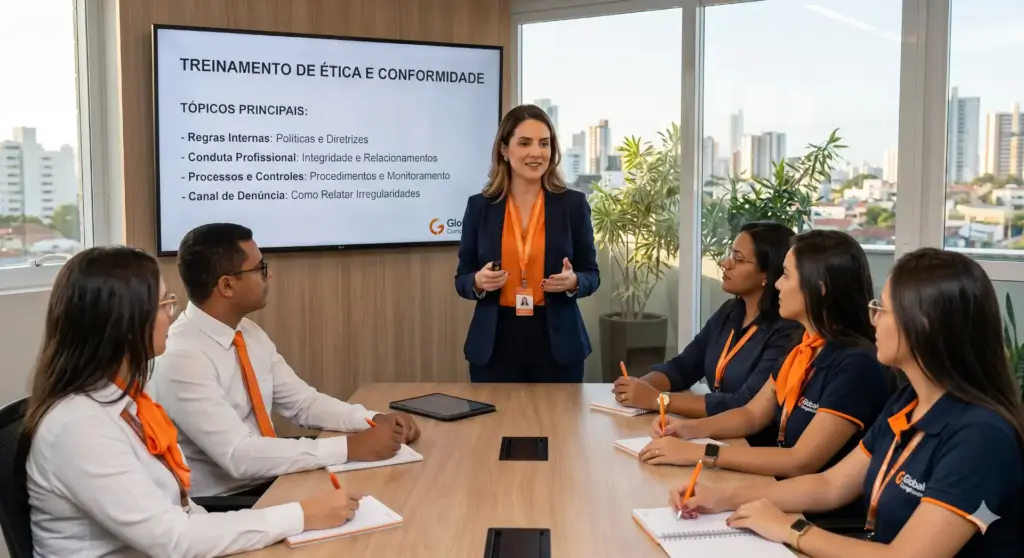 Treinamento de ética e conformidade em compliance, com equipe de profissionais participando de uma apresentação sobre os pilares do compliance, incluindo regras internas, conduta profissional e canais de denúncia.